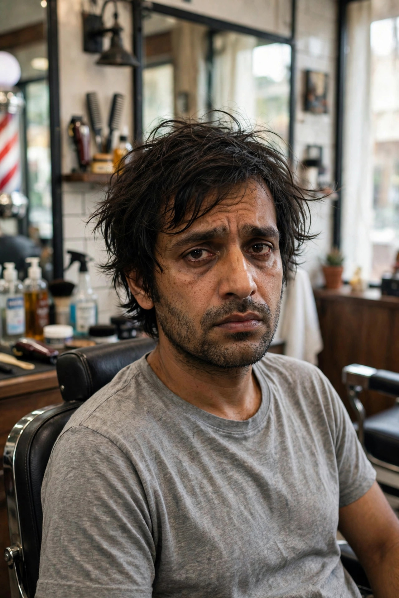 Man with overgrown messy hair and stubbly beard before haircut